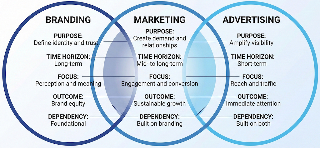 Branding vs. Marketing vs. Advertising: Defining Your 2026 Growth Pillars
